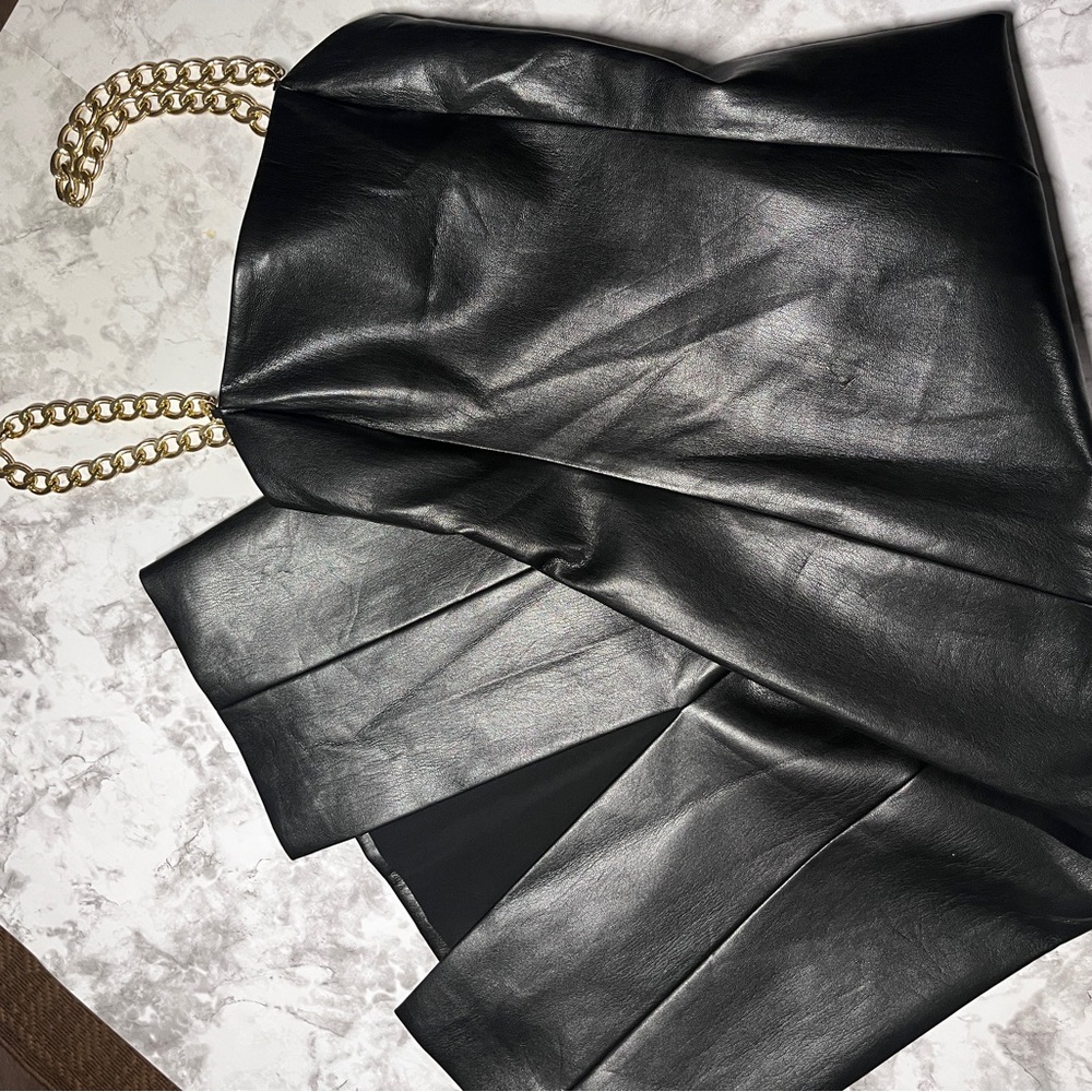 Alice + Olivia Black Faux Leather Backless Dress with Gold Chain Straps